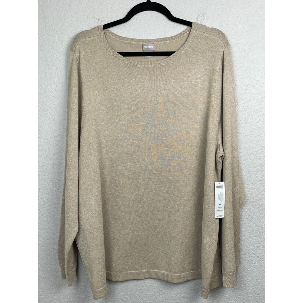 Chicos‎ Sweater Pullover Womens Size XXL Beige Golden Shimmer Quiet Luxury NEW